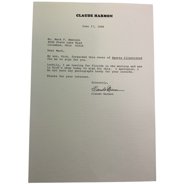 Claude Harmon Signed 1988 Letter w/ Sports Illustrated Content on Personal Letterhead - Top Sig Example! JSA ALOA