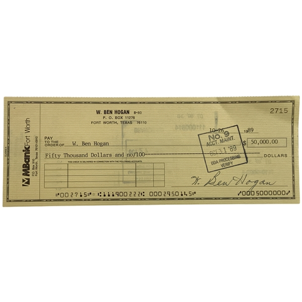 Ben Hogan Signed 1989 Personal Check to Self for $50,000 JSA ALOA