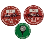 (2) Larry Nelson Signed 1983 US Open Badges w/1982 US Open ABC Badge from 'Duel in the Sun' JSA ALOA