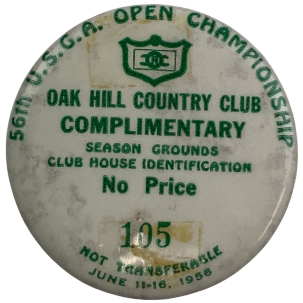 1956 U.S. Open Championship Oak Hill Country Club Complimentary Season Grounds Badge