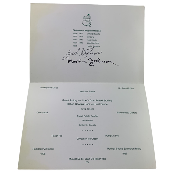 Jack Stephens and Hootie Johnson Signed 1998 Augusta National Golf Club Thanksgiving Menu JSA ALOA