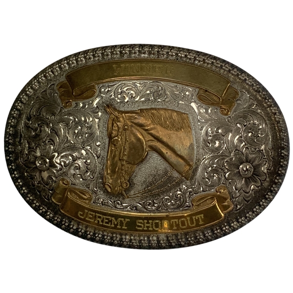 Mike Donalds Jeremy Shootout Nickel Silver Plated Horse Winners Trophy Belt Buckle