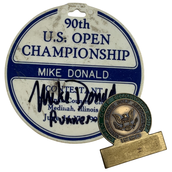 Runner-Up Mike Donalds 1990 U.S. Open at Medinah Signed Used Bag Tag & Contestant Badge JSA ALOA
