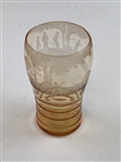 Vintage Cambridge Amber Glass Tumbler with Etched Golfing Scene and Ribbed Base