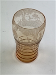 Vintage Cambridge Amber Glass Tumbler with Etched Golfing Scene and Ribbed Base