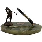 1930 Sheaffer Fountain Pen Art Deco Executive Desk Set with Bronze Golfer Figure on  Green Onyx Base