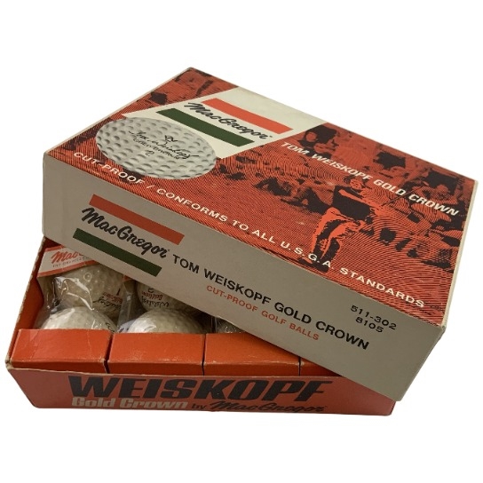 A Full Dozen Vintage MacGregor Tom Weiskopf Gold Crown CutProof Golf Balls in Original Packaging