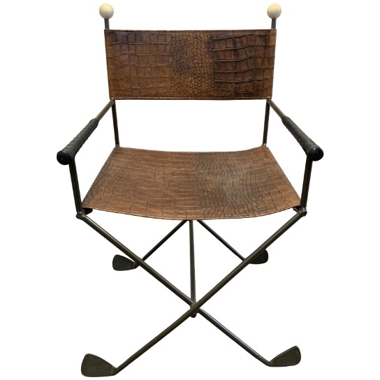 Novelty Golf Theme Wrought Iron and CrocodileEmbossed Leather Armchair