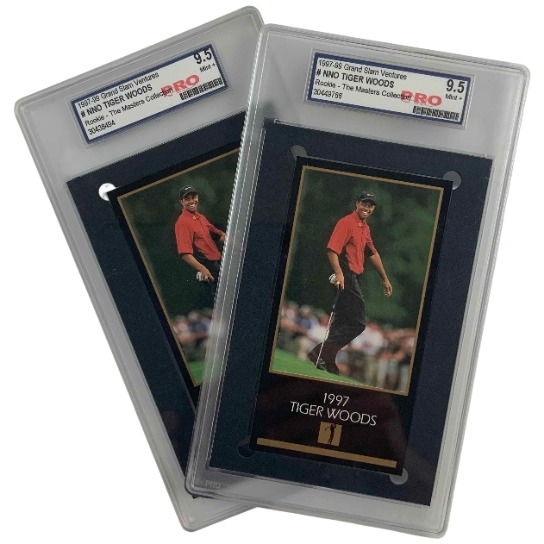 A Pair of 1997-99 Grand Slam Ventures Tiger Woods Rookie Trading Cards The Masters Collection PRO 95 Mint Plus