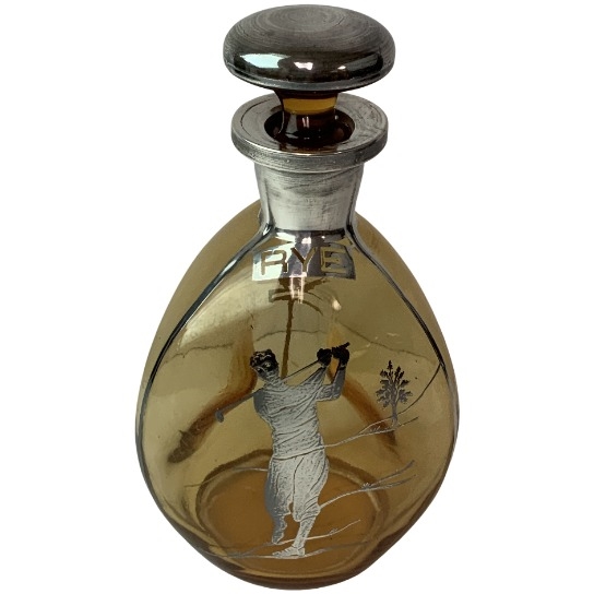 Stunning 1920s Amber Glass Pinched Side Rye Decanter with Silver Overlay Golfing Motif