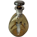 Stunning 1920s Amber Glass Pinched Side Rye Decanter with Silver Overlay Golfing Motif