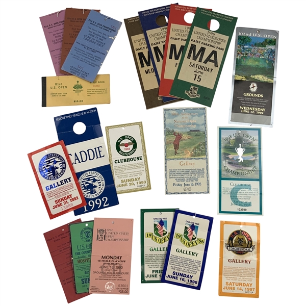 A Collection of approximately 19 pieces of official U.S. Open Golf Championship tickets and parking ephemera, 1981-2002
