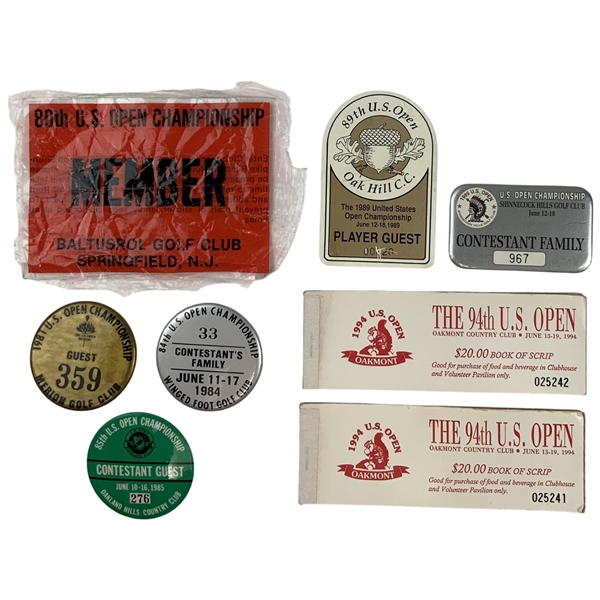 A Collection of U.S. Open Championship Golf Badges, Pins, and Ephemera 1980-1995