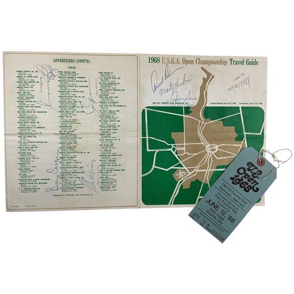 Big 3 Jack, Arnie, Player & Others Signed 1968 US Open at Oak Hill Pairing Sheet w/ Ticket JSA ALOA