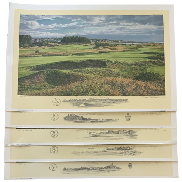 A Collection of Five (5) Open Championship Linda Hartough Signed Ltd Ed Golf Course Prints