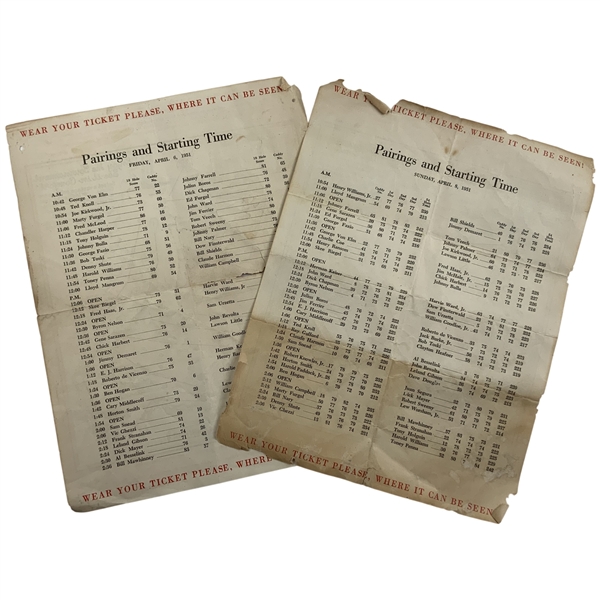 A Pair of 1951 Masters Tournament Pairing Sheets Friday and Sunday Final Round