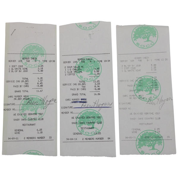 Three (3) Ben Hogan Signed Shady Oaks Country Club Receipts JSA ALOA