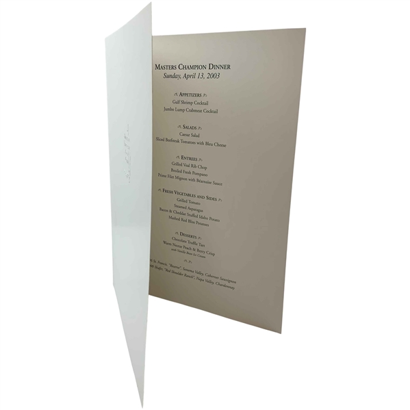 Augusta National Golf Club 2003 Masters Champion Dinner Menu