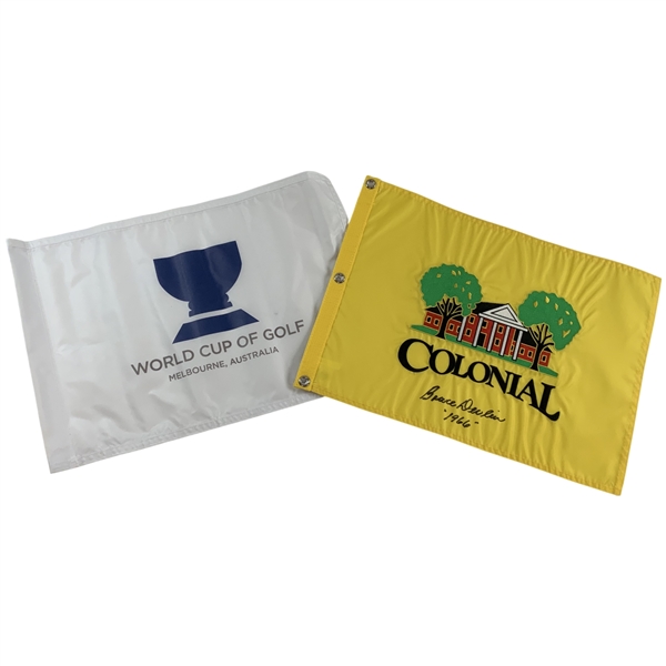 Champ Bruce Devlin signed Colonial Flag w/ 1966 & World Cup of Golf Flag JSA ALOA