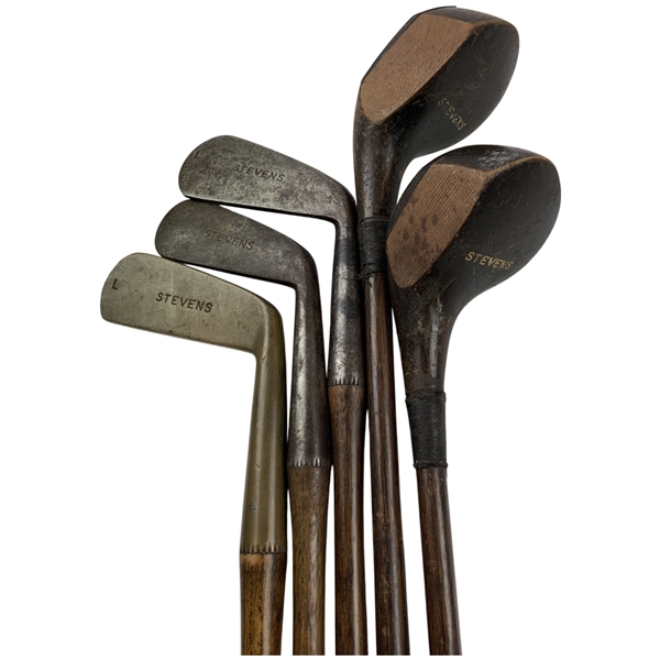 A Set of Three Stevens Hickory Shafted Golf Clubs w/ Two Woods