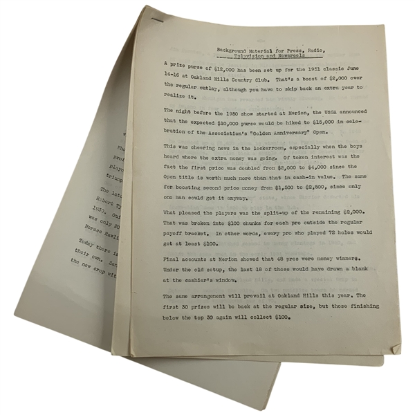 A Group of 1951 U.S. Open at Oak Hill Golf Press Kit Background Material Typescripts - Hogan Win