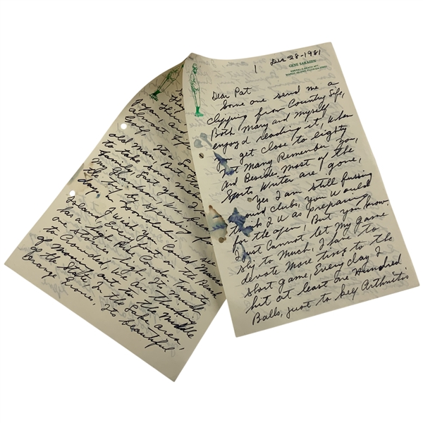 Gene Sarazen Signed Handwritten 4 Page Letter to Pat Ward-Thomas w/ Open Champs Dinner, 100 Balls a day & Jun Co. Content from December 28, 1981 JSA ALOA