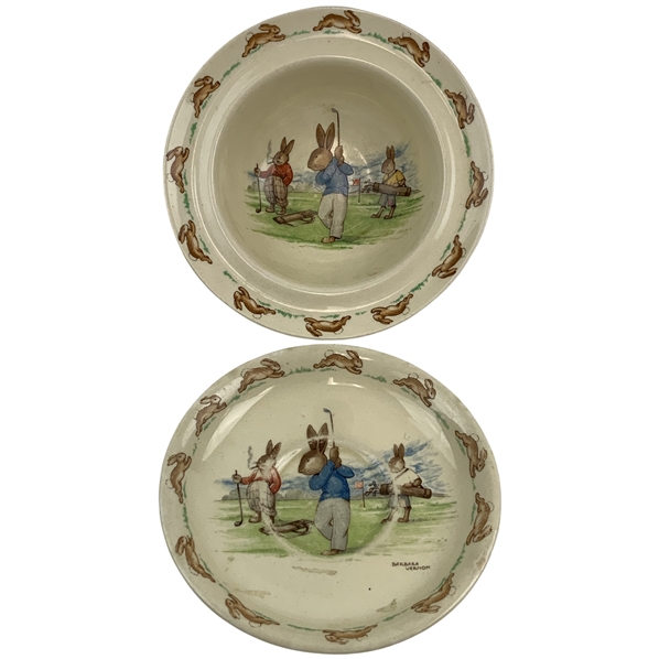 A Pair of Royal Doulton Bunnykins Ceramic Golfing Tableware Items by Barbara Vernon