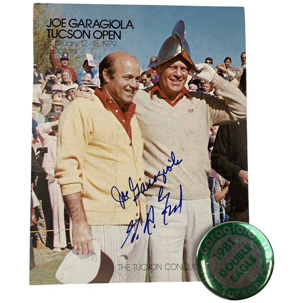 Joe Garagiola & Gerald Ford Dual Signed 1979 Tucson Open Program Cover and 1981 Pinback Button JSA ALOA
