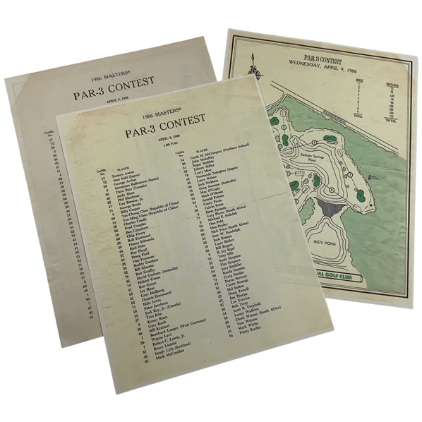 (2) 1986 Masters Tournament Par-3 Contest Pairing Sheets with Course Map