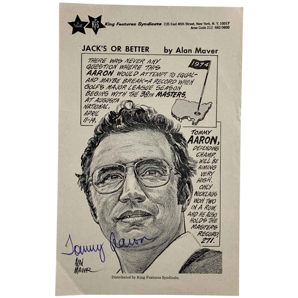 1974 Tommy Aaron Signed King Features Syndicate Sports Illustration Masters Card by Alan Maver JSA ALOA