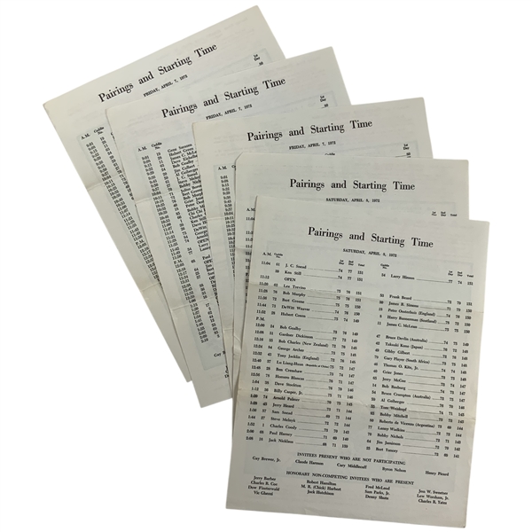A Five-Piece Collection of 1972 Masters Tournament Pairing Sheets and Spectator Guides