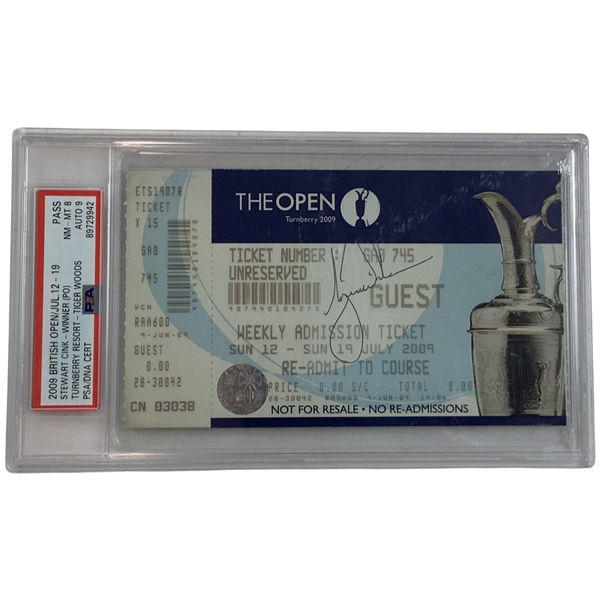 Tiger Woods Signed 2009 British Open Weekly Admission Guest Pass PSA NM-MT 8 Auto 9