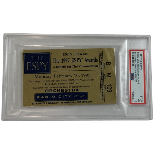 1997 ESPY Awards Ticket Stub Tiger Woods Best Breakthrough Athlete PSA VG 3 - Pop 1!