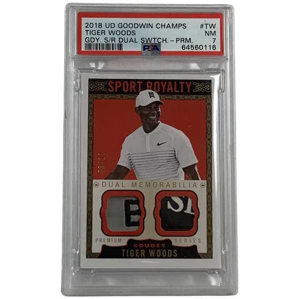 2018 Upper Deck Goodwin Champions Goudey Sport Royalty Dual Memorabilia Premium Tiger Woods SRM2-TW PSA 7 NM Serial 06/10