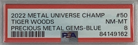 2022 SkyBox Metal Universe Champions Tiger Woods Precious Metal Gems Blue PMG #50 Serial 31/50 PSA 8 NM-MT