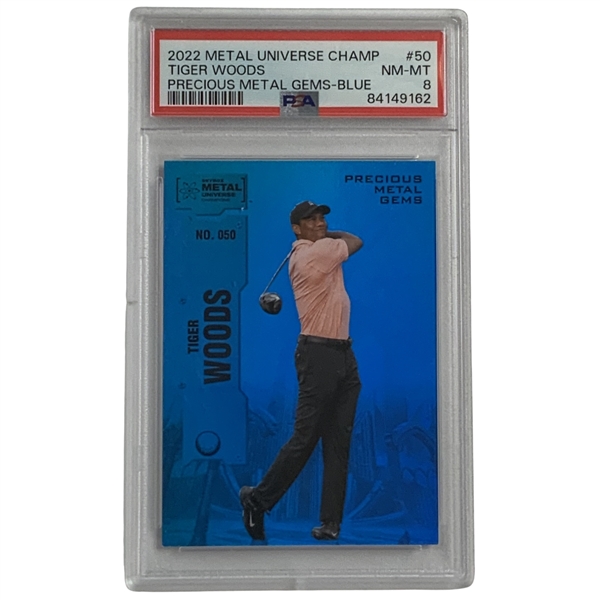 2022 SkyBox Metal Universe Champions Tiger Woods Precious Metal Gems Blue PMG #50 Serial 31/50 PSA 8 NM-MT