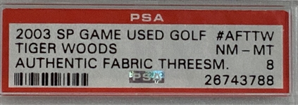 2003 Upper Deck SP Game Used Golf Tiger Woods Authentic Fabric Threesomes Triple Memorabilia Card Serial 38/50 PSA 8 NM-MT