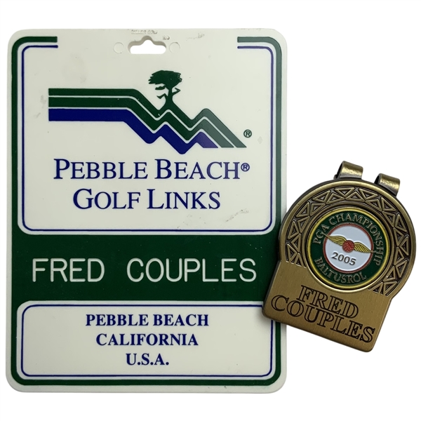Two Pieces of Fred Couples Personalized Golf Memorabilia Pebble Beach Bag Tag and 2005 PGA Championship Money Clip