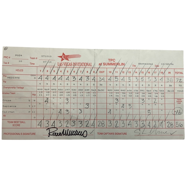 Rocco Mediate Signed Used 1996 Las Vegas Invit. Pro-Am Official Scorecard - Tiger Woods 1st Win