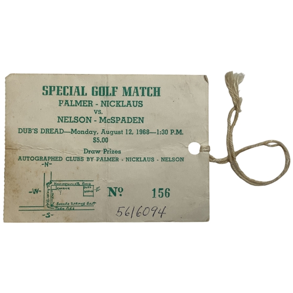 1968 Special Golf Match Ticket Palmer and Nicklaus vs Nelson and McSpaden