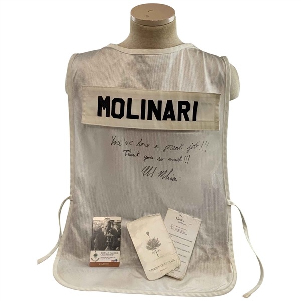 Champion Edoardo Molinari Signed Tournament Used 2005 US Amateur at Merion Caddie Bib w/ Badge & Yardage Guide From Caddie JSA ALOA