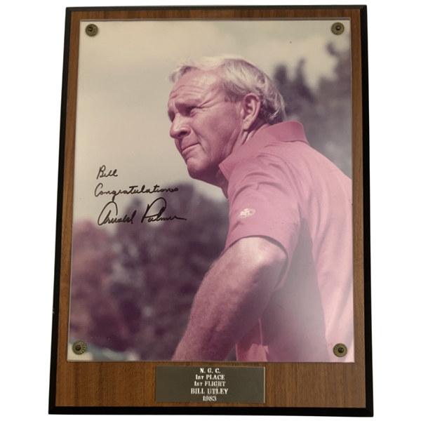 Arnold Palmer Signed Inscribed Photograph on 1983 Commemorative Golf Trophy Plaque JSA ALOA