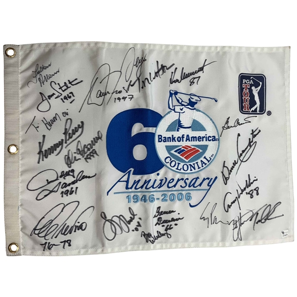 Tom Watson & (19) Champs Signed Bank of America Colonial 60th Anniversary Golf Pin Flag w/ Dates JSA ALOA