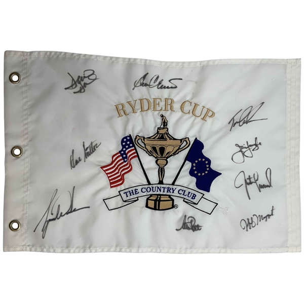 Tiger Woods & 8 US Team Members Signed 1999 Ryder Cup Battle at Brookline Flag at The Country Club JSA ALOA