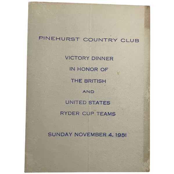 1951 Ryder Cup Victory Dinner Pinehurst Country Club Program Menu 