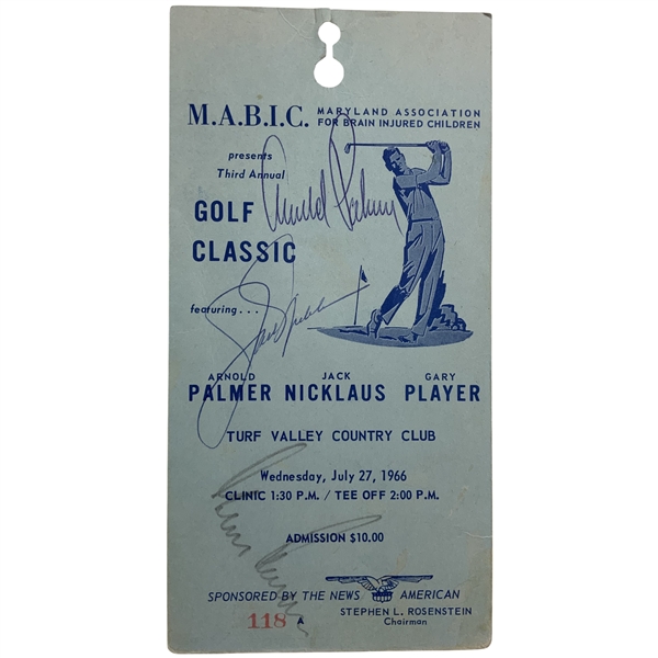 Arnold Palmer, Jack Nicklaus, and Gary Player Signed 1966 M.A.B.I.C. Golf Classic Ticket JSA ALOA