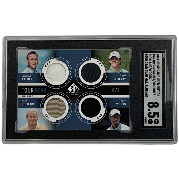 2014 SP Game Used Golf Tour Gear Quad Blue Tiger Woods, Jack Nicklaus, Arnold Palmer & Rory McIlroy (RC) SSP #6/8 Card SGC 8.5