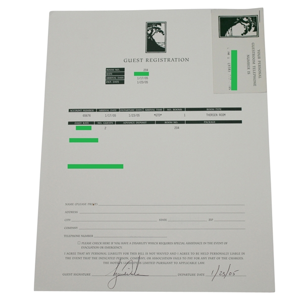 Champ Tiger Woods Signed 2005 The Lodge Torrey Pines Guest Registration Under Alias Buick Invitational PSA DNA