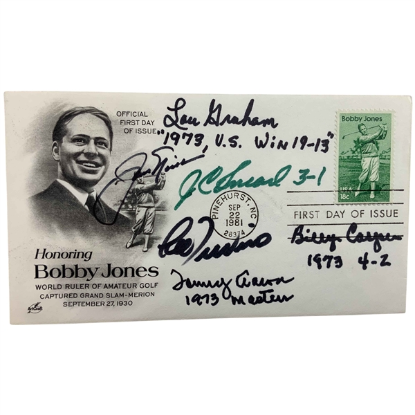 Six 1973 USA Ryder Cup Players W/Nicklaus Signed Bobby Jones FDC JSA ALOA