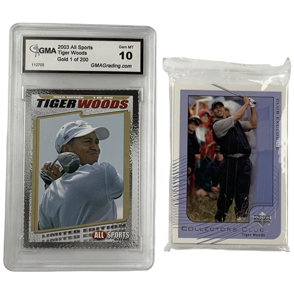 Two Tiger Woods Golf Trading Cards Including 2003 All Sports Magazine Gold Edition and Sealed 2002 Upper Deck Collectors Club Pack